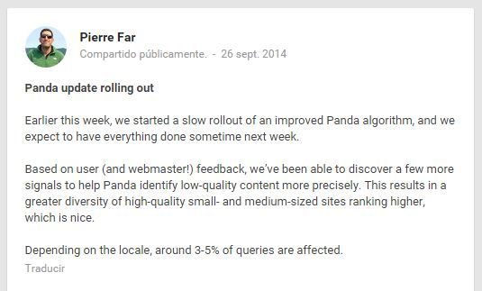 webmaster de Google anunciando actualización de Google Panda