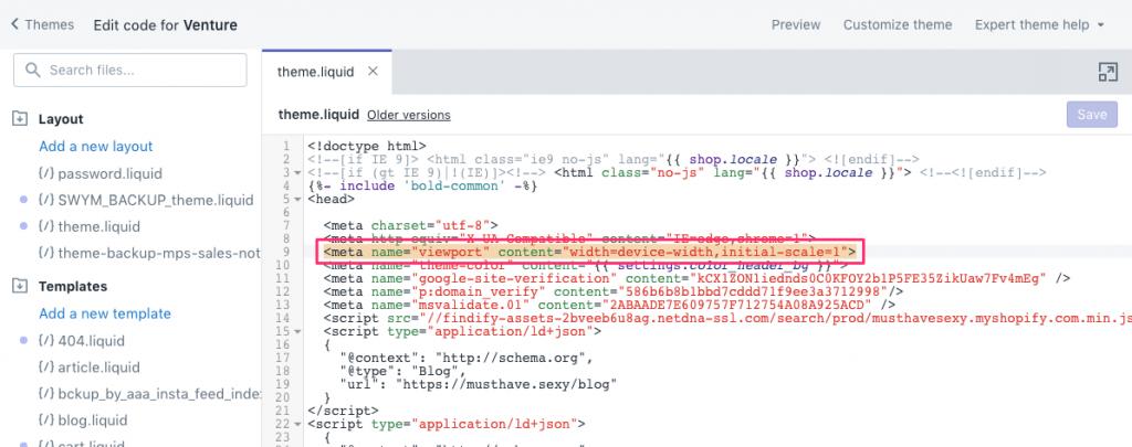 viewport pada shopify terletak di bawah file theme.liquid